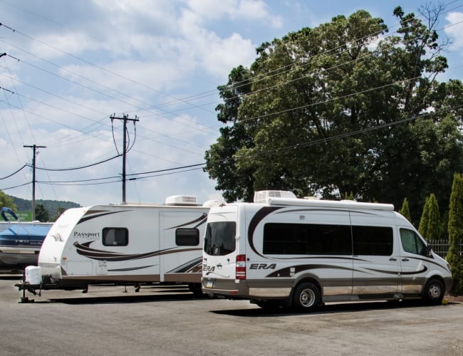 A row of recreational vehicles stored at Storage World in Sinking Spring, Pennsylvania