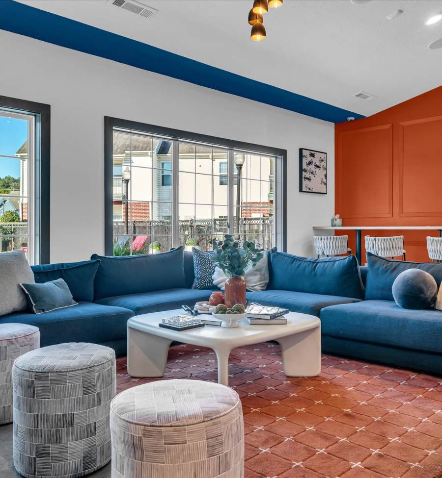 Indoor seating in the renovated clubhouse at The Landing Fayetteville in Fayetteville, Arkansas
