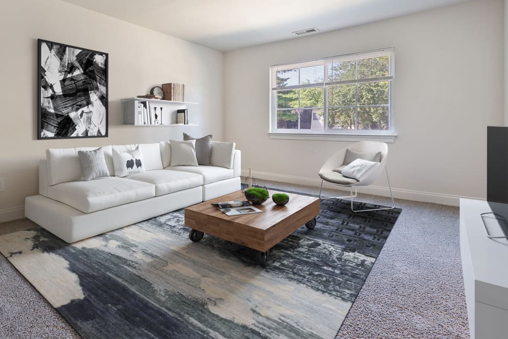 Model living room at The Courtyards in Edgewater Park, New Jersey