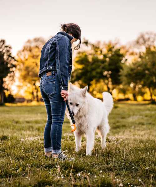 Resident spending time outdoors with their dog in a green community space at Granada Gardens Apartments in Warrensville Heights, Ohio