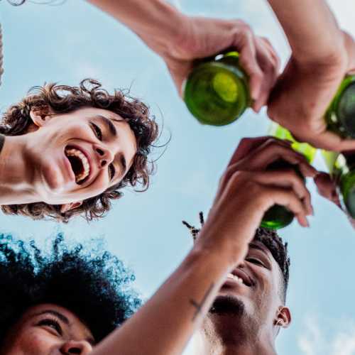 Residents sharing drinks in a get together at North River Landing in Elkhart, Indiana
