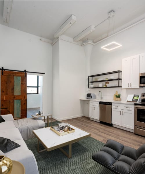 Loft style living area with sliding wooden door at Brush Factory Lofts in Philadelphia, Pennsylvania