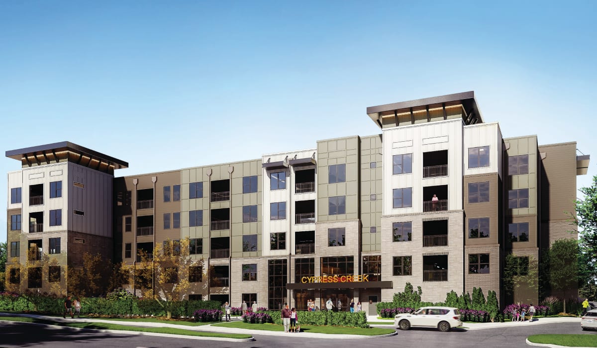 Exterior view of community apartment at Cypress Creek Montfort Drive in Dallas, Texas