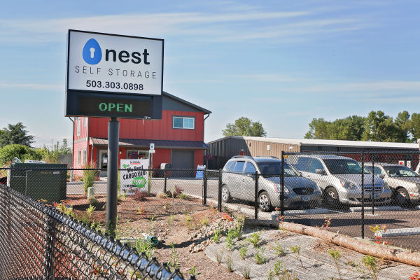 Front of building from highway at Nest Self Storage in Salem, Oregon
