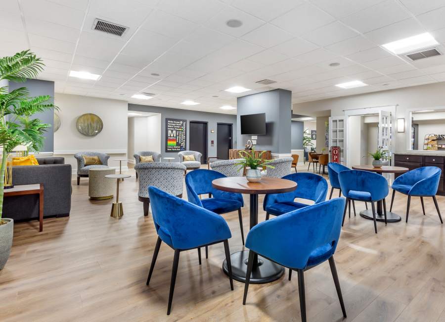 Community blue seating area at The Residences at Thomas Circle in Washington, District of Columbia