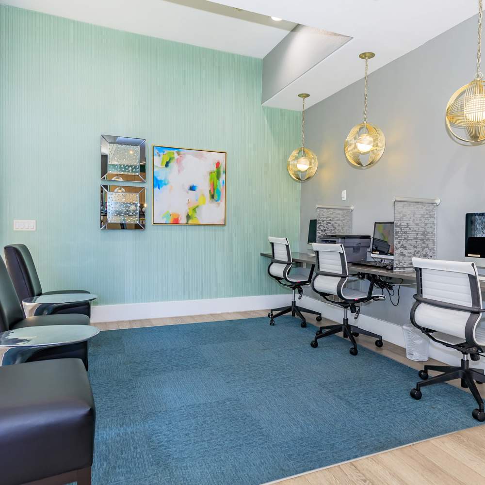 Community workspace at One Belmar Place in Lakewood, Colorado