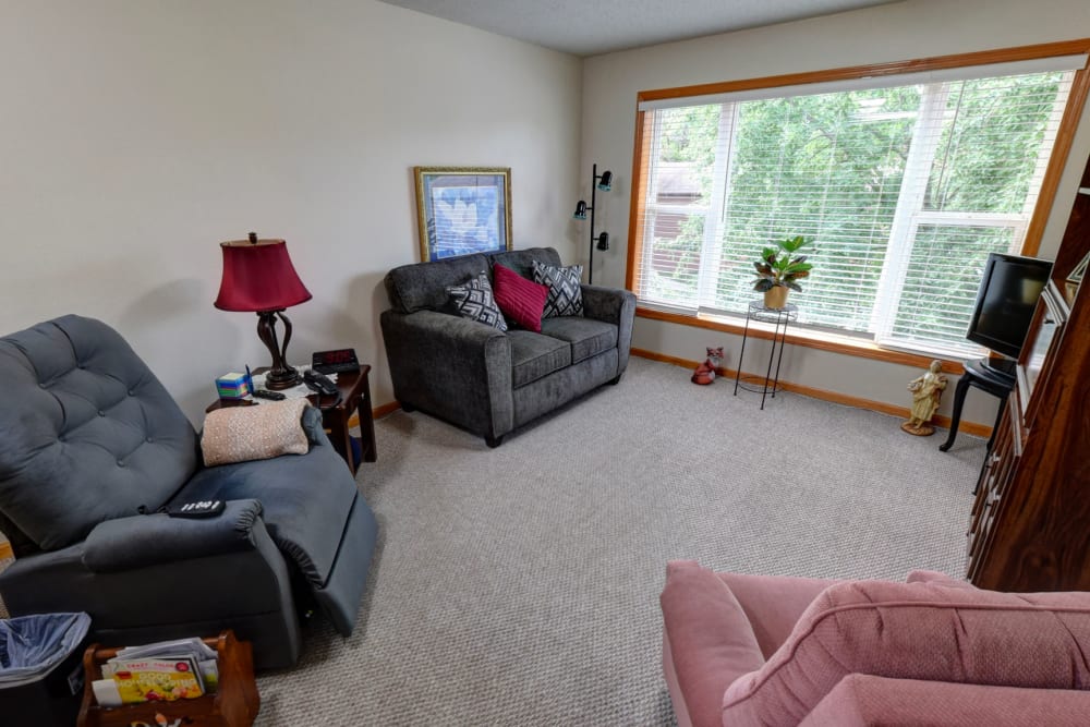 Spacious living room at Garnett Place in Cedar Rapids, Iowa.