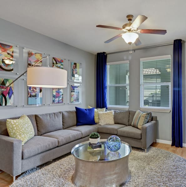 Bright, well decorated living room at Linden Pointe in Pompano Beach, Florida