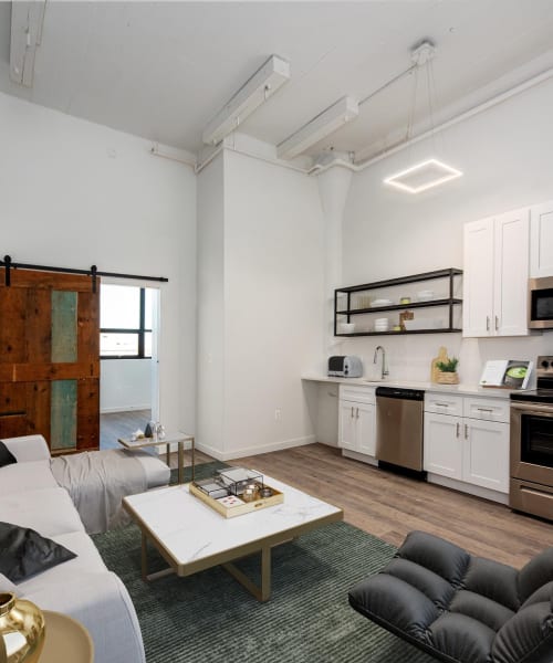 Loft style living area with sliding wooden door at Brush Factory Lofts in Philadelphia, Pennsylvania