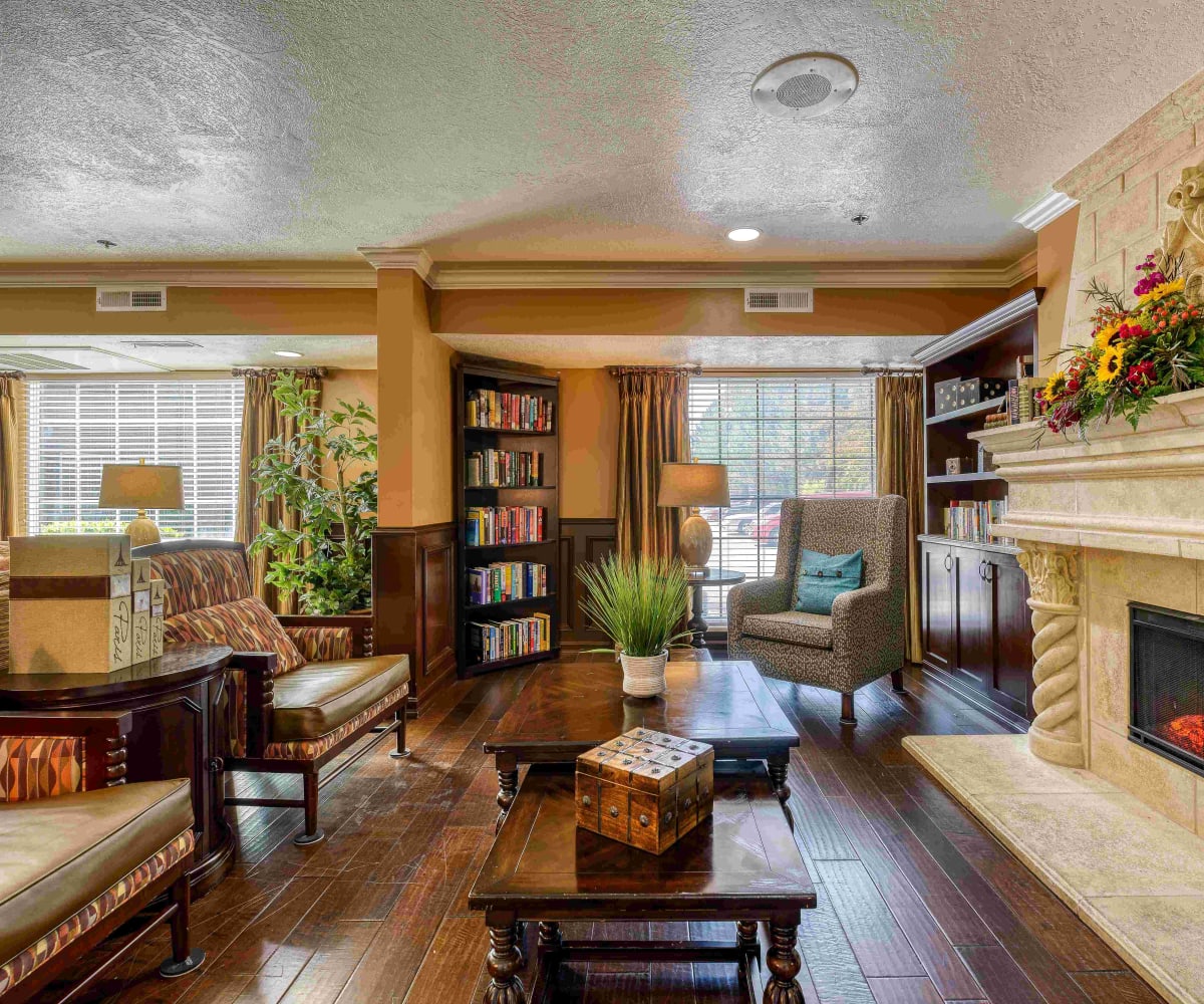 Common area with fireplace at Pacifica Senior Living Millcreek in Salt Lake City, Utah