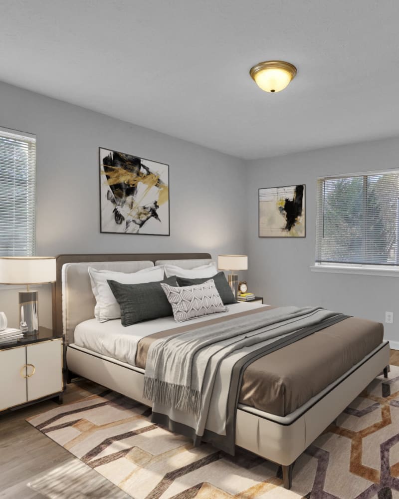 Wood flooring in an apartment bedroom at Silver Creek Crossing in Austell, Georgia at dusk