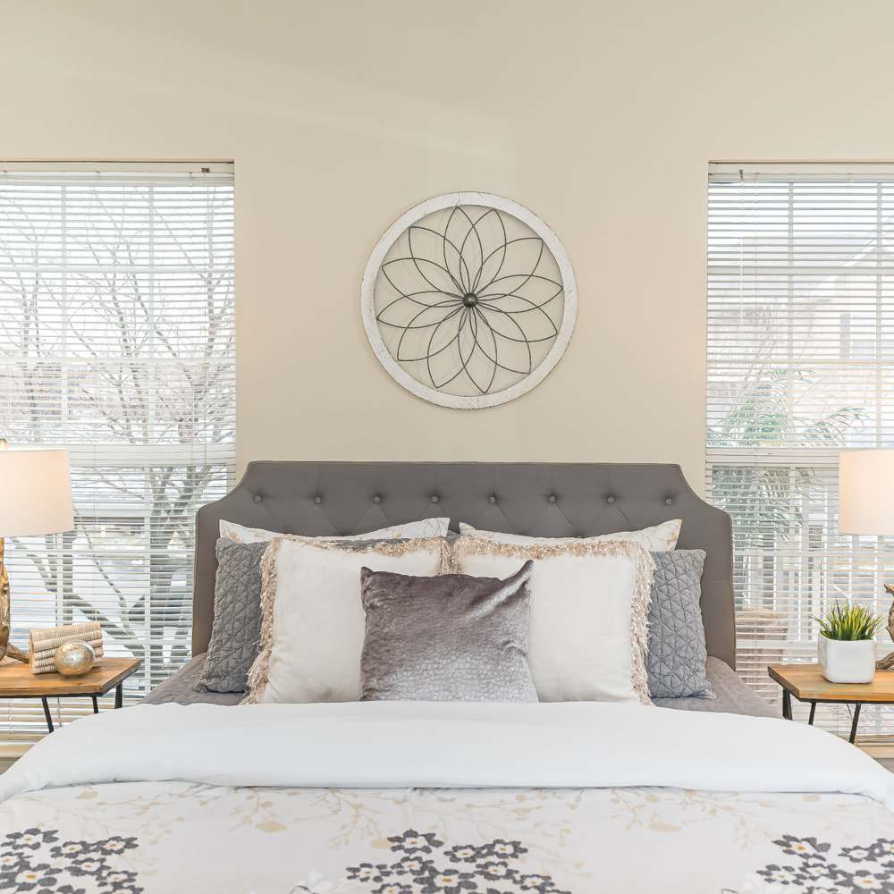 Bright bedroom at The Boulders At Katy Trail in Saint Charles. MO