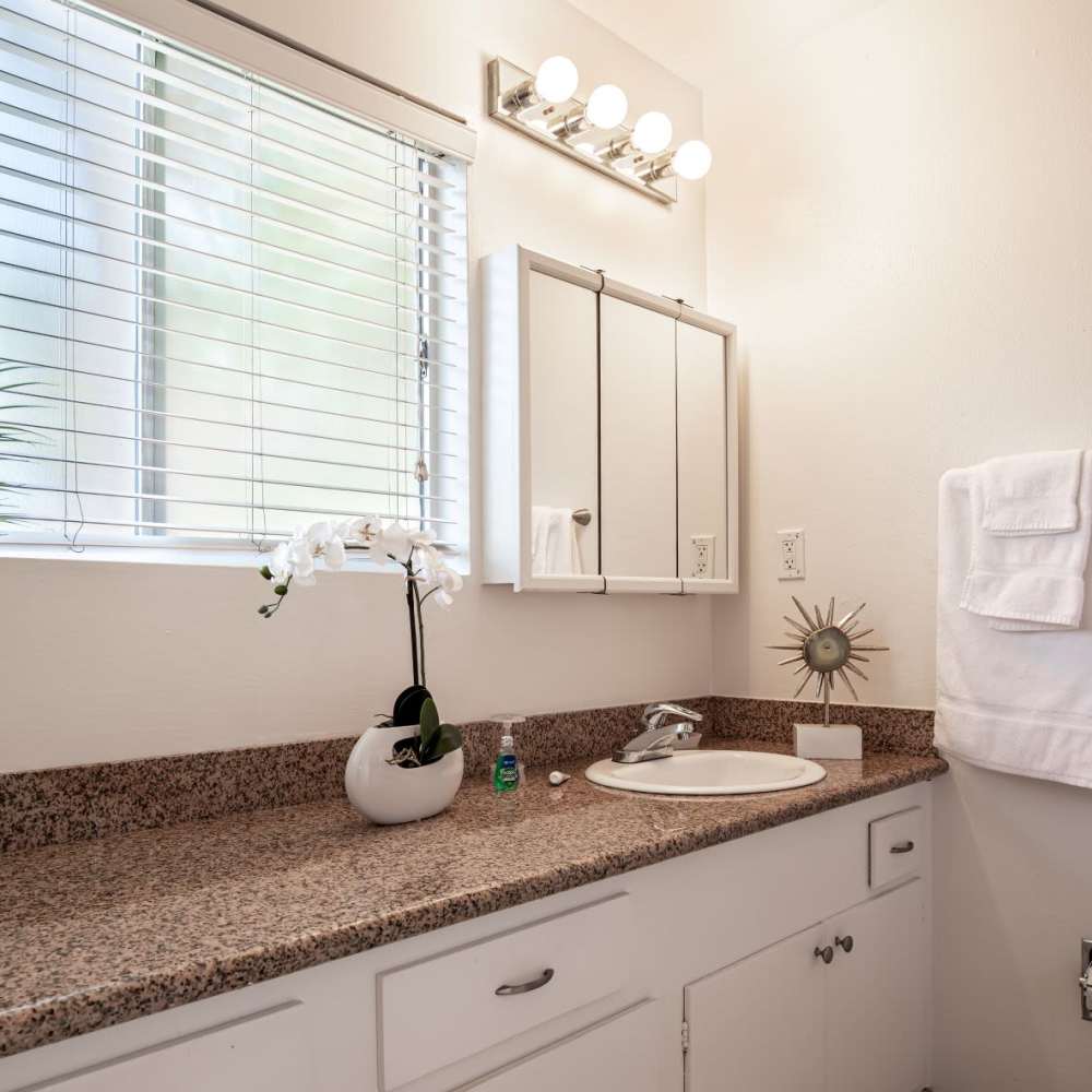 Bathroom with vanity and window at Glenwood Garden Apartments in Mountain View, California