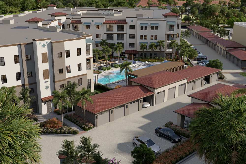 Aerail view of property showing carports and garages at Coconut Pointe in Estero, Florida