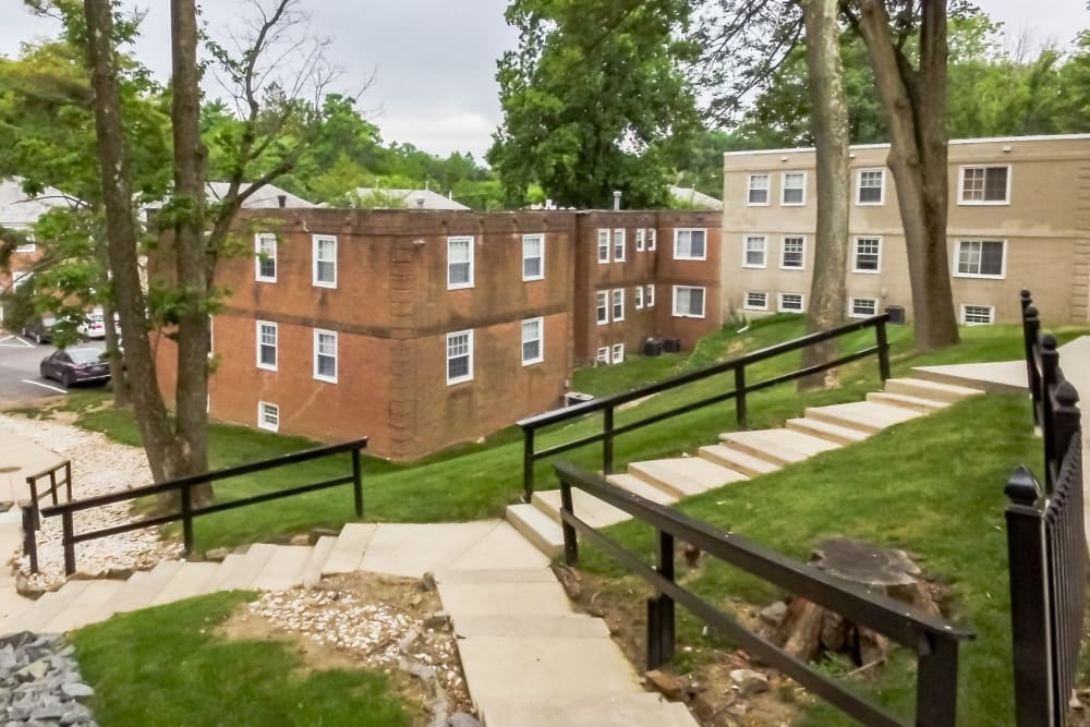 Outdoor walkway at Melrose Station Apartments in Elkins Park, Pennsylvania