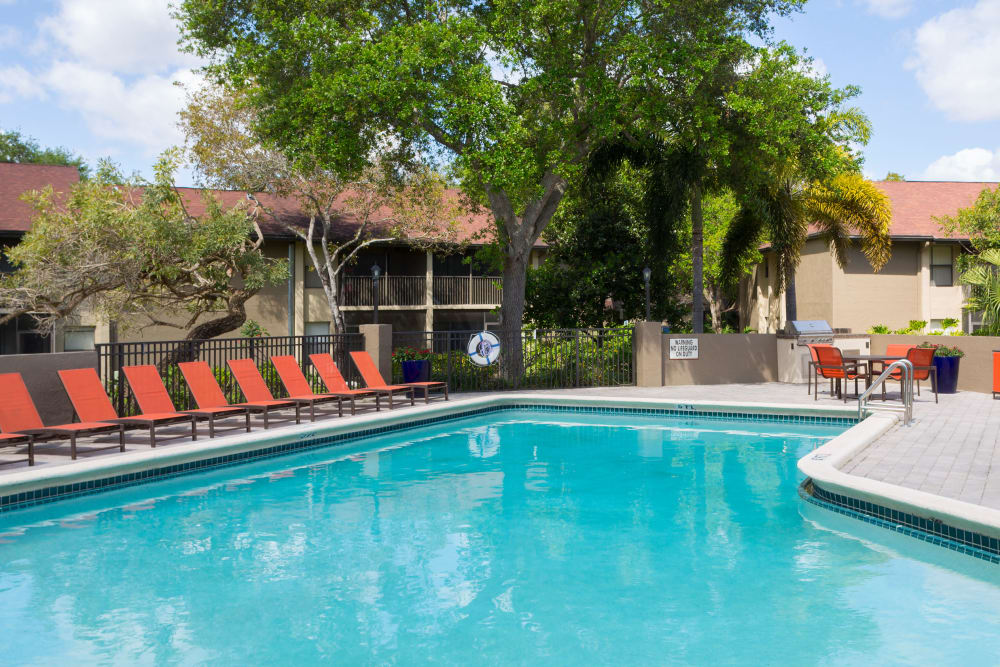 View of the pool with lots of seating for guests and friends at Siena Apartments in Plantation, Florida