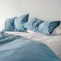 Cozy bedroom with serene blue bedding at Park Place Apartments in Port Richey, Florida.
