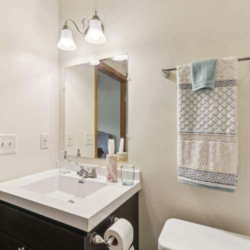 Apartment bathroom at Woodfield Heights Apartments in Waukesha, Wisconsin