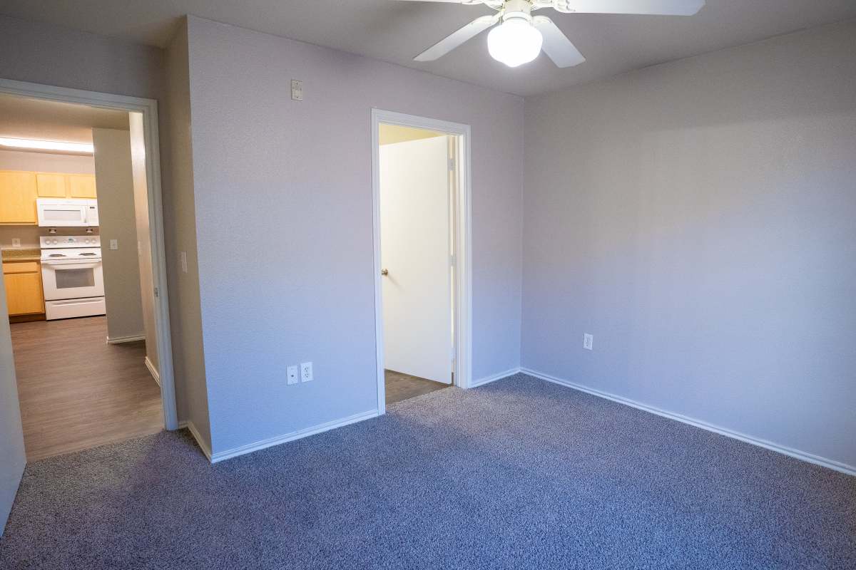 Modern bedroom with carpet flooring at Timber Village in Marshall, Texas