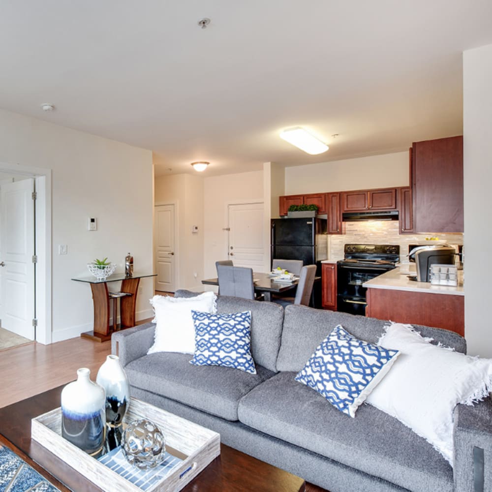 An apartment living room and kitchen at Grand Meridia Apartments in Rahway, New Jersey