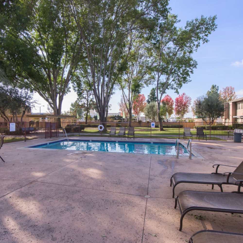 Large swimming pool with lounge charge at Fairview Green in Santa Ana, California