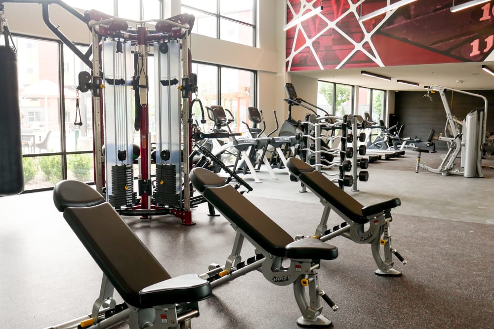 Fully equipped fitness center at Terra at University North Park in Norman, Oklahoma