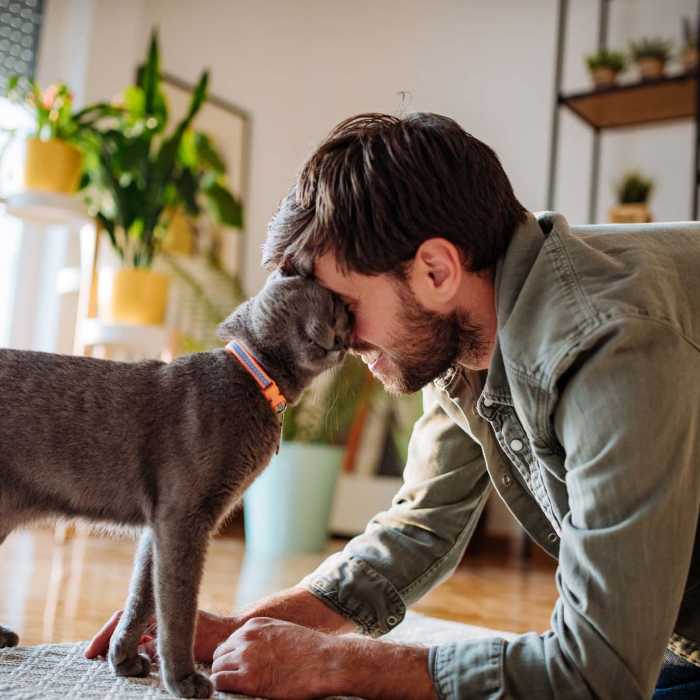Resident playing with his cat in the apartment at Carriage Court in Cincinnati, Ohio