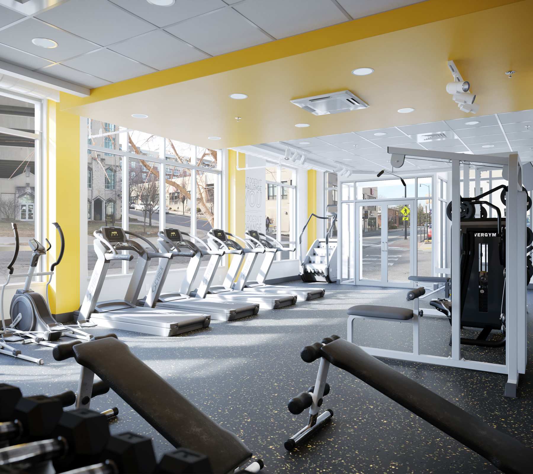 Very well-equipped onsite fitness center at Brookside Downtown in Columbia, Missouri