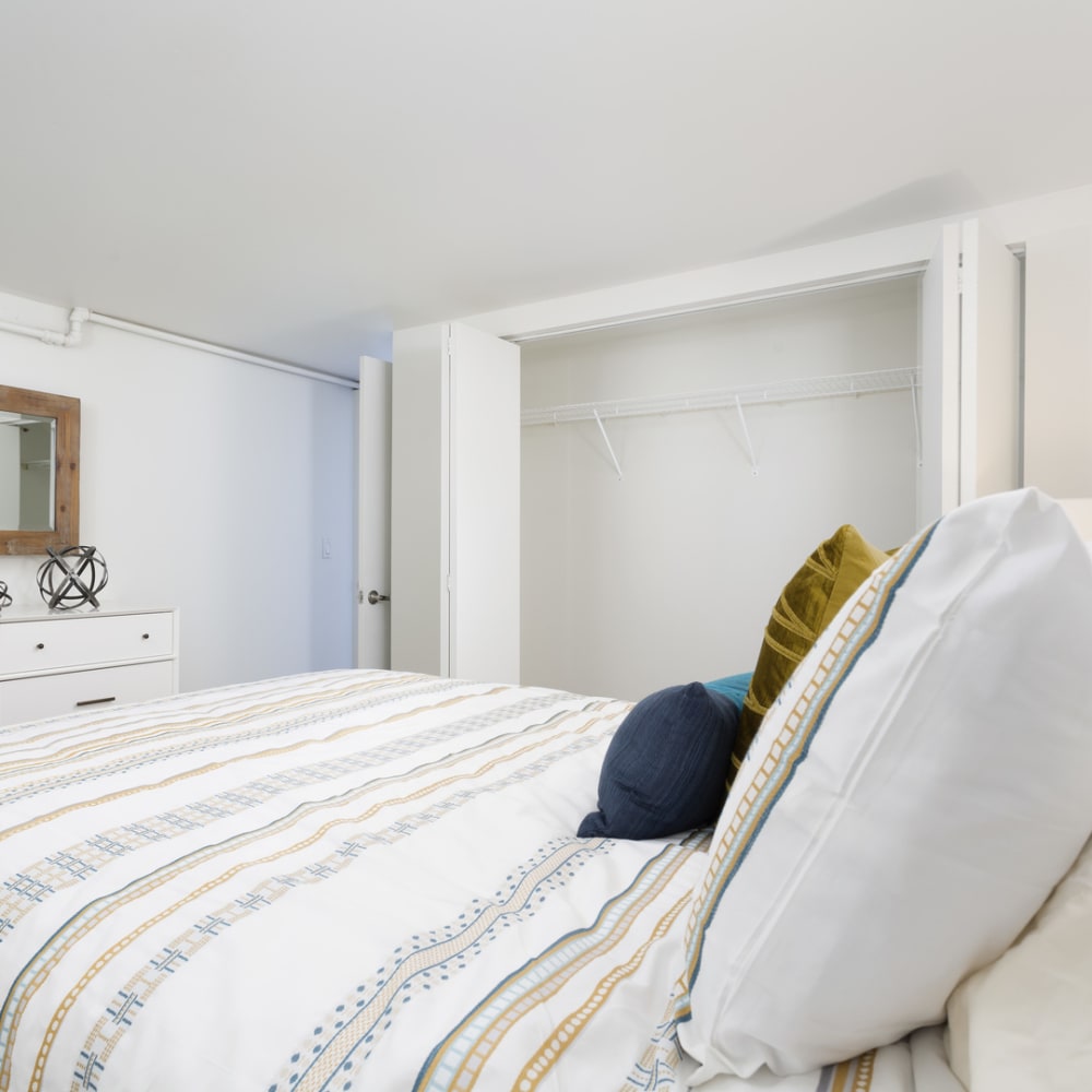 Spacious bedroom at Grand Lowry Lofts in Denver, Colorado