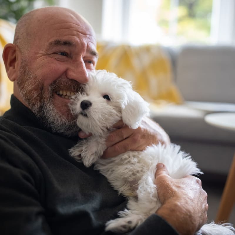 A happy resident holding his puppy at Attain at Quarterpath, Williamsburg, Virginia