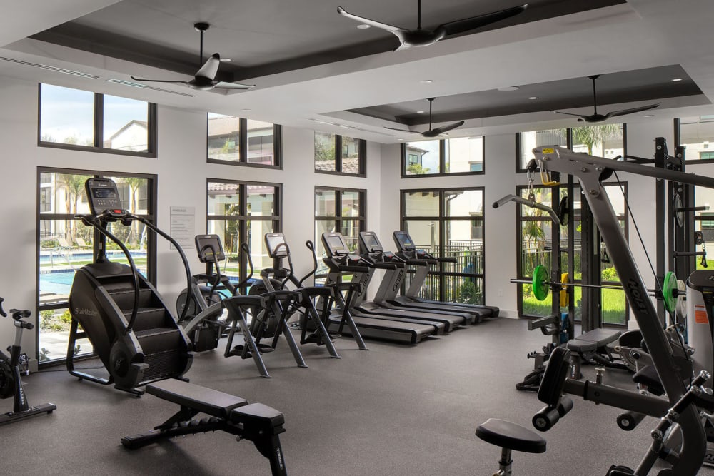large exercise room with stair climbers, treadmills, and stationary bikes at Las Palmas in Fort Myers, Florida