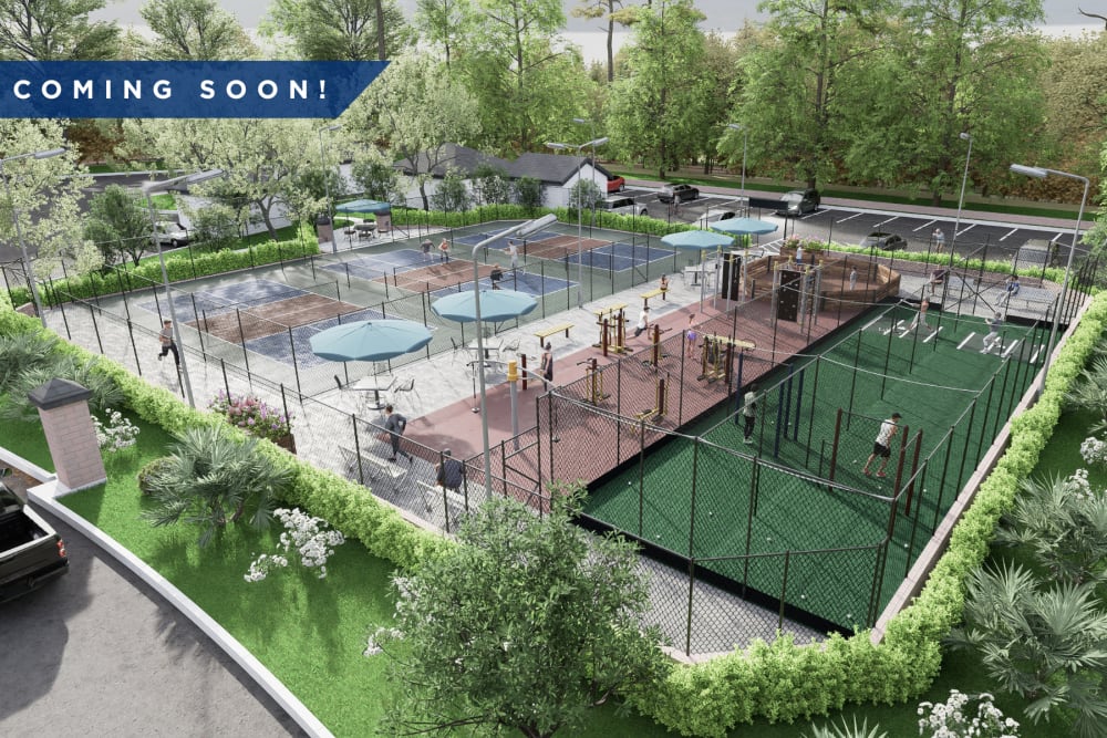 Rendering of new amenities coming soon to Oaks at Sugarloaf in Lawrenceville, Georgia including a brand new playground, pickleball courts, gaga ball pit, and batting cages.