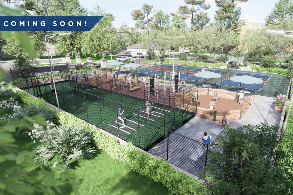 Rendering of new amenities coming soon to Oaks at Sugarloaf in Lawrenceville, Georgia including a brand new playground, pickleball courts, gaga ball pit, and batting cages.