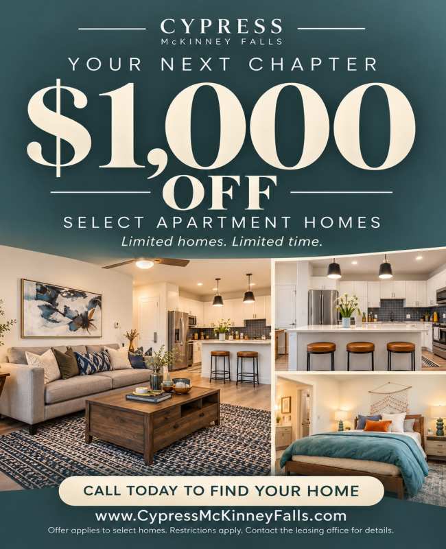 Special offer graphic showing pool, kitchen, living room, and bedroom at Cypress McKinney Falls in Austin, Texas