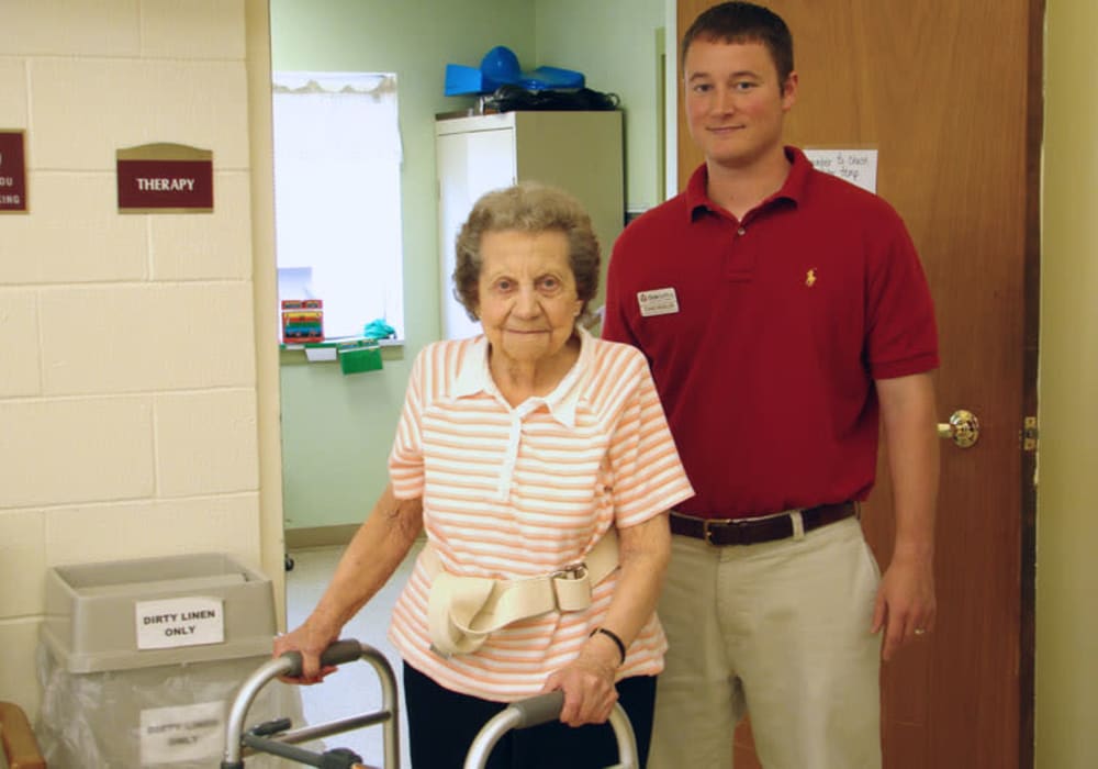 Resident on a walk with their caretaker at Montello Care Center in Montello, Wisconsin