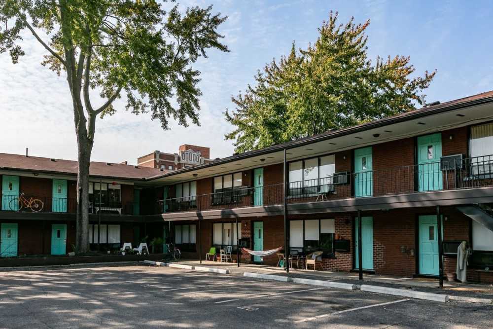 Exterior building with parking lots at Detroit Living in Detroit, 