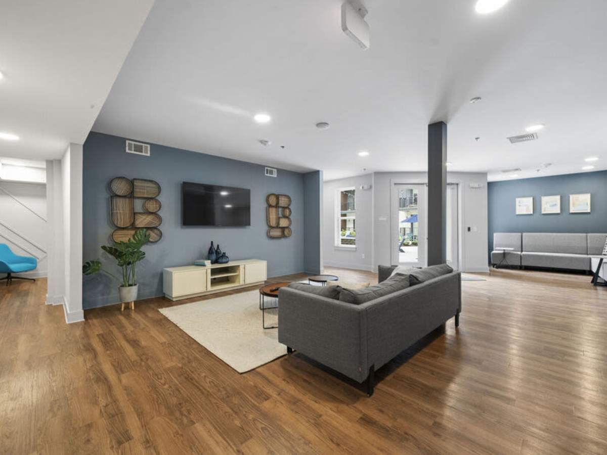 Clubhouse with large couch, chair, flat screen television at The Rise at Regency in Henrico, Virginia