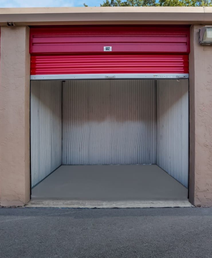 An open drive-up storage unit at StorQuest Self Storage in Sarasota, Florida