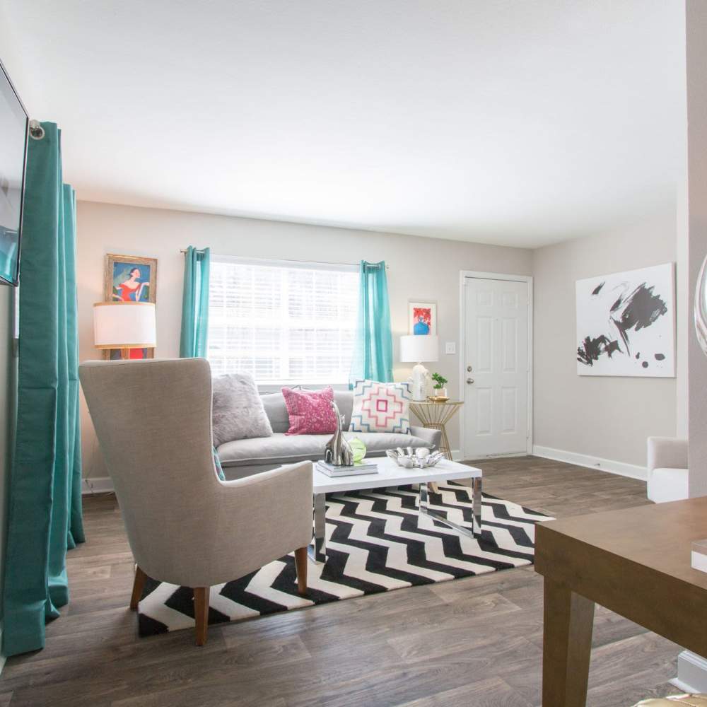 Living room withh wooden flooring at Avonlea Westside in Atlanta, Georgia
