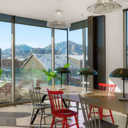 Mountain views from the lounge at S'PARK Apartments in Boulder, Colorado