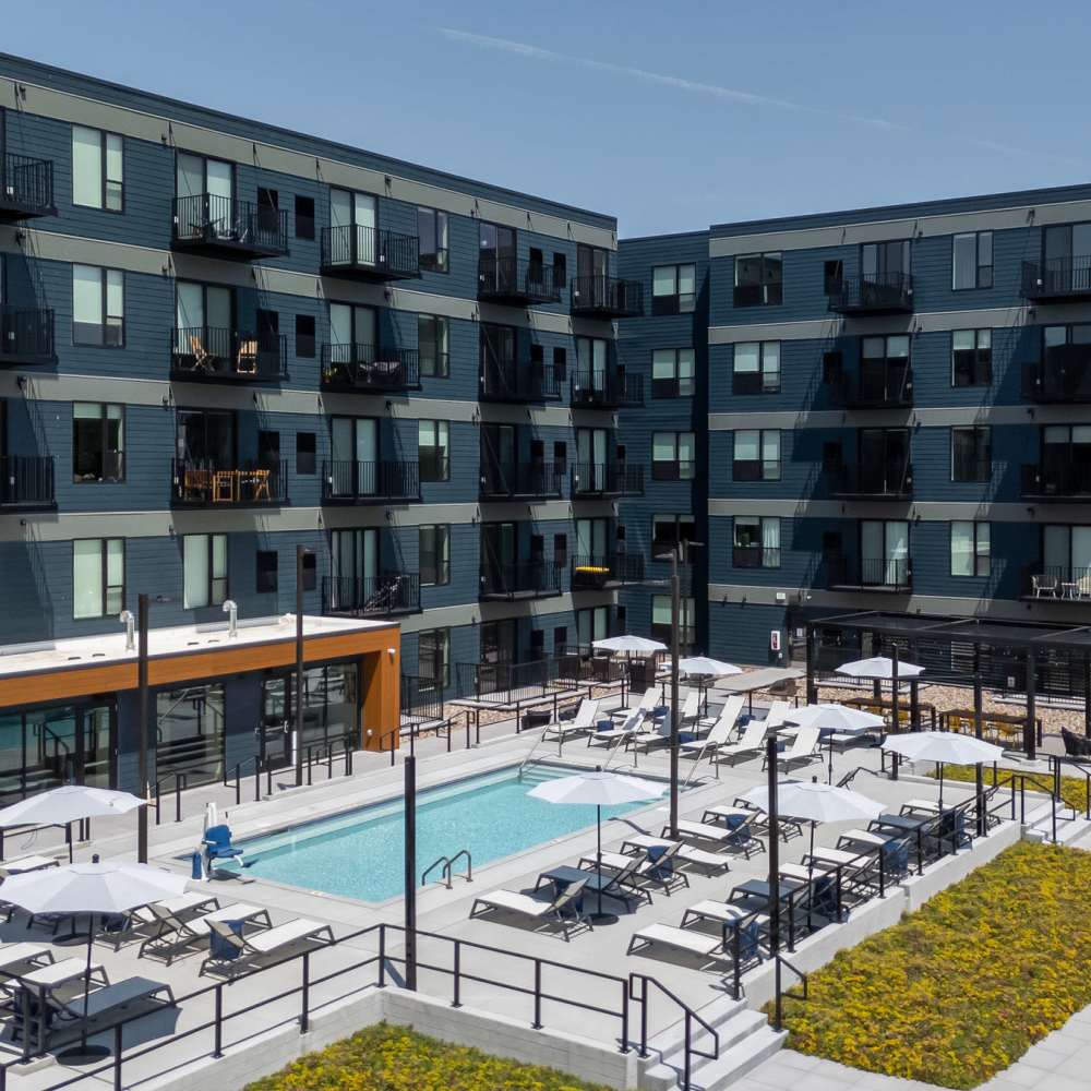 Swimming pool with community view at Oaks Pentagon Village in Edina, Minnesota