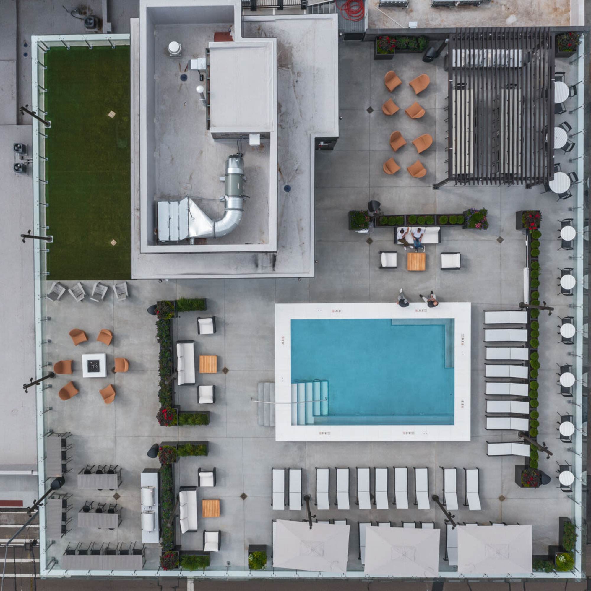A drone shot of the community pool at The Delco in Dayton, Ohio