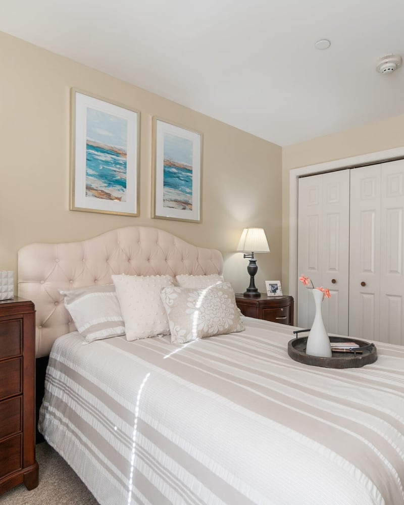 Bed in a 1 bedroom senior apartment at The Hearth at Gardenside in Branford, Connecticut