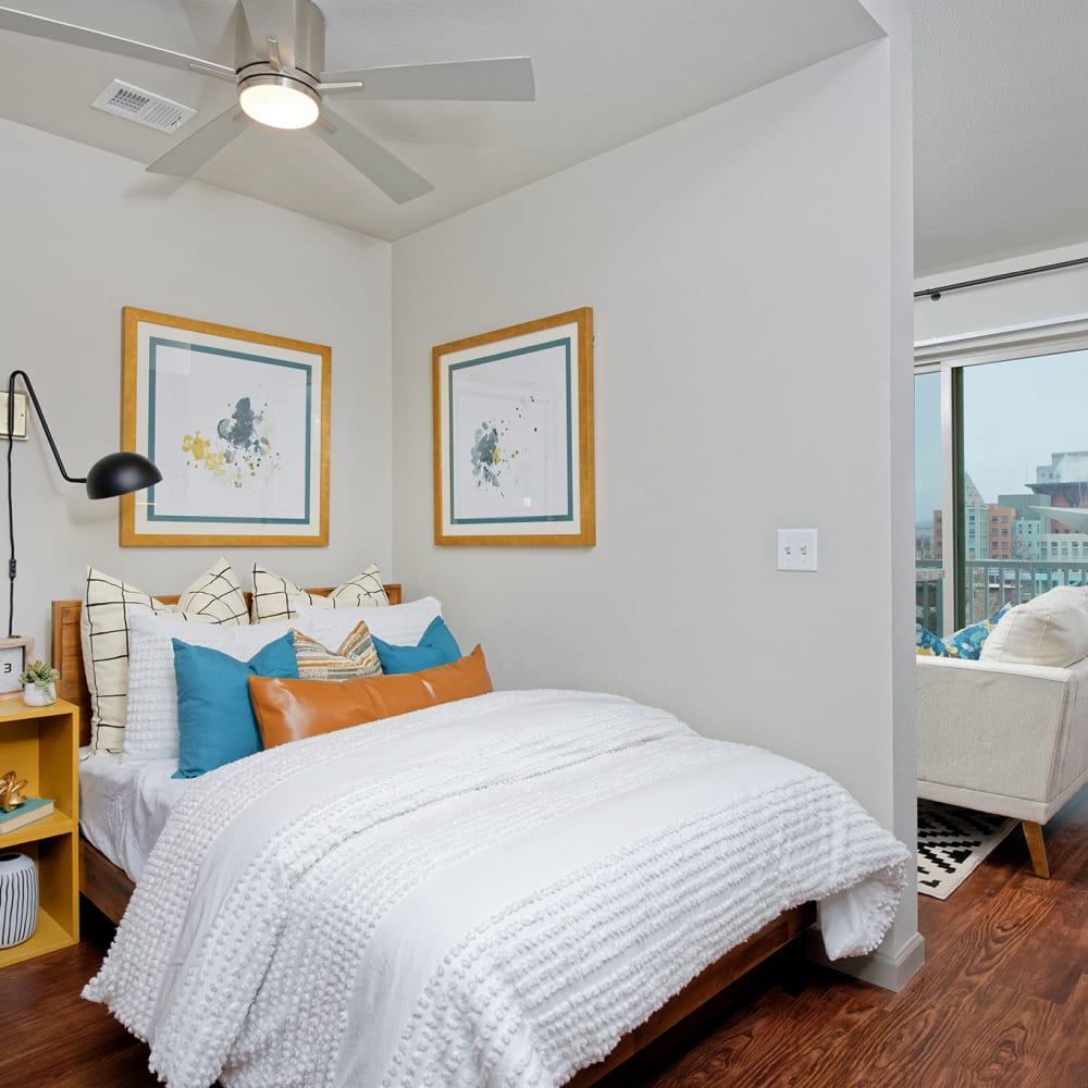 Cozy bedroom at Civic Lofts in Denver, Colorado