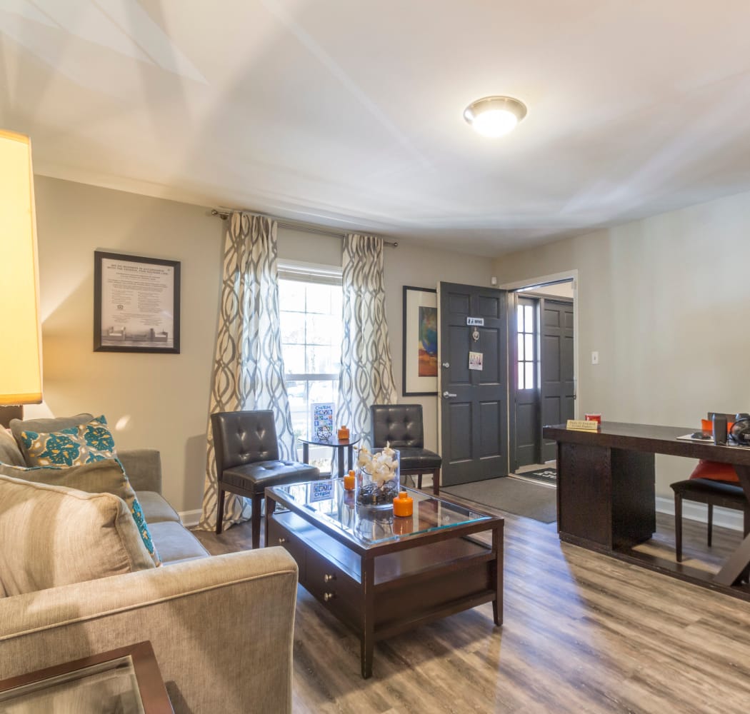 Spacious living room at The Square at Mason Mill Apartments in Decatur, Georgia