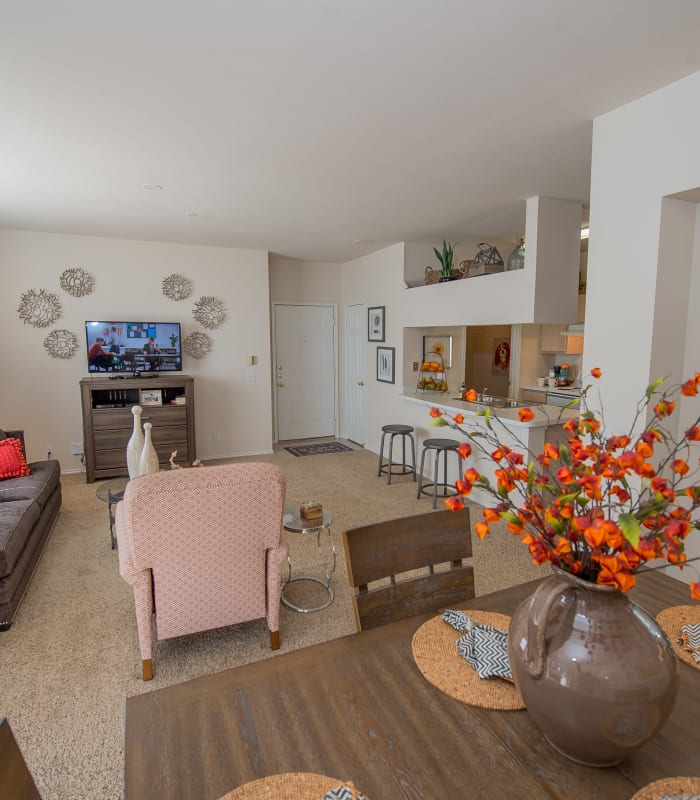 Carpeted living room and dining area at Prairie Springs in Oklahoma City, Oklahoma