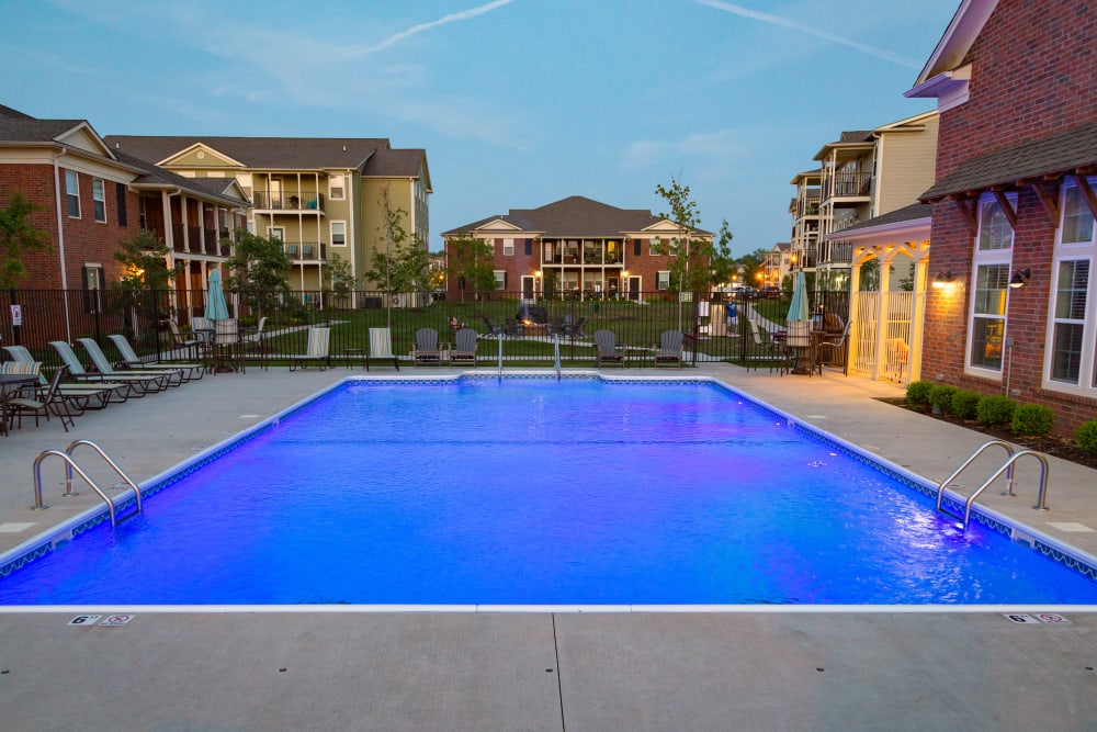 A beautiful swimming pool at dusk at Traditions at Mid Rivers in Cottleville, Missouri