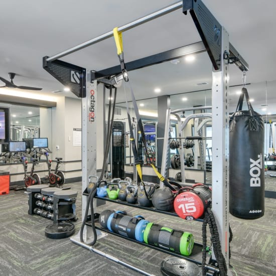 Fitness center at Luxia Midtown Park in Dallas, Texas