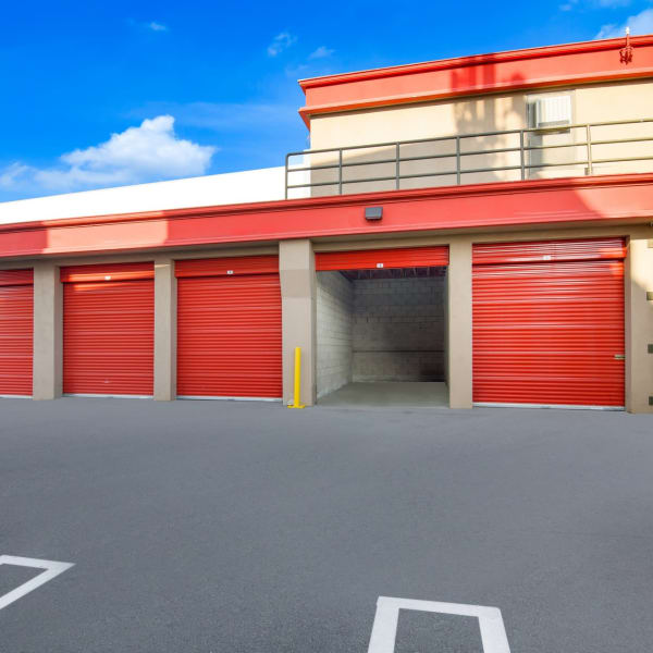 An open drive-up storage unit at StorQuest Self Storage in Los Angeles, California