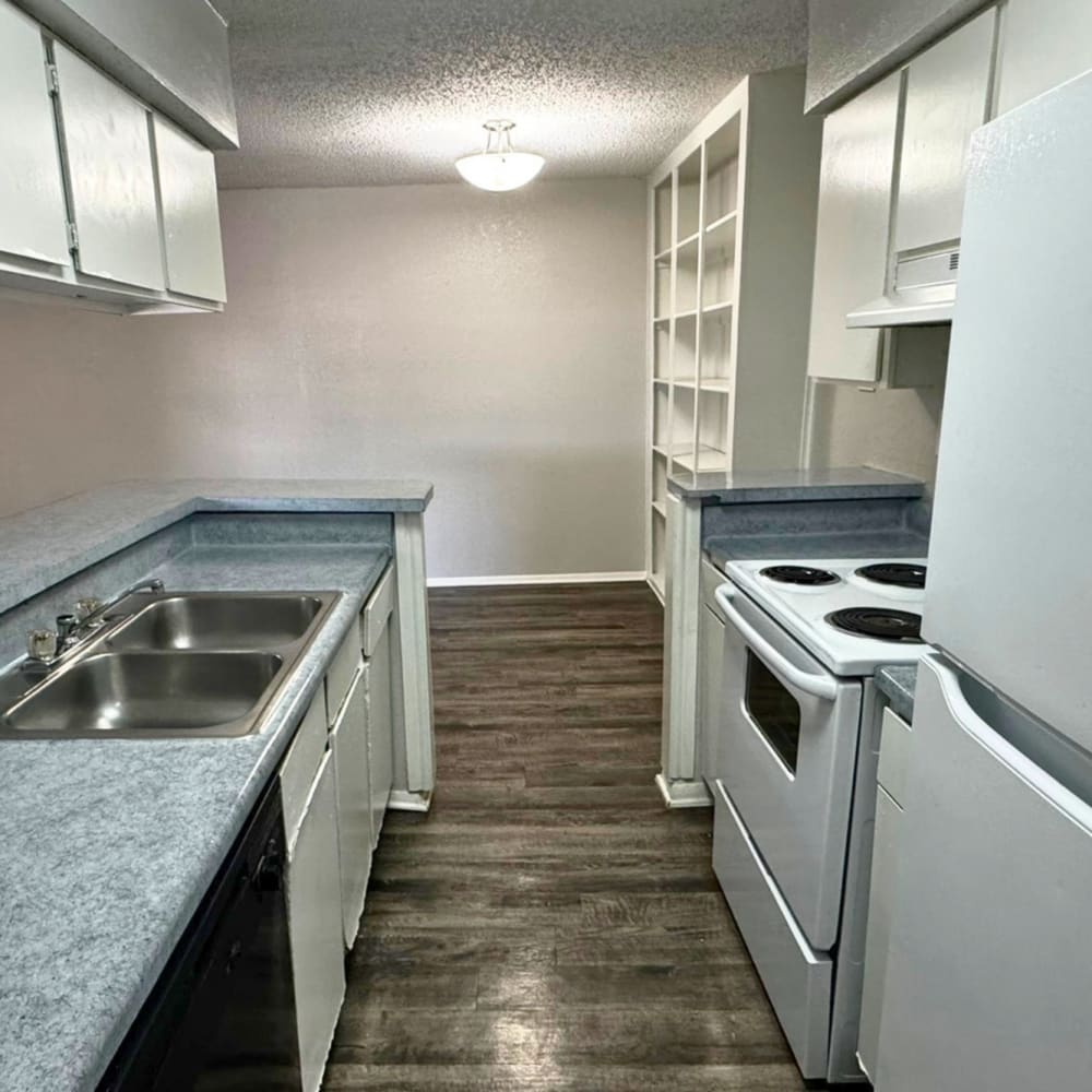 A view of the kitchen at Santa Fe Apartments in Dallas, Texas